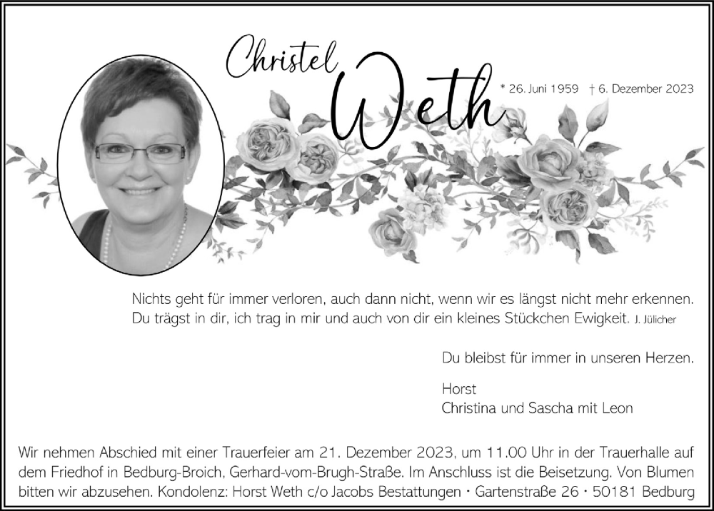  Traueranzeige für Christel Weth vom 15.12.2023 aus  Werbepost 