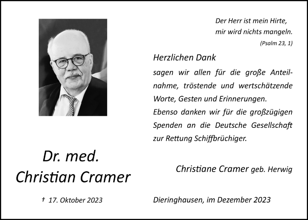  Traueranzeige für Christian Cramer vom 22.12.2023 aus  Anzeigen Echo 