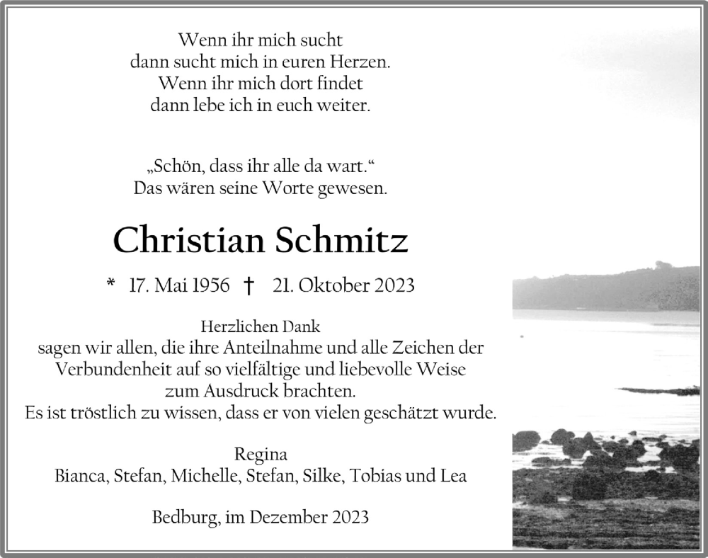  Traueranzeige für Christian Schmitz vom 15.12.2023 aus  Werbepost 