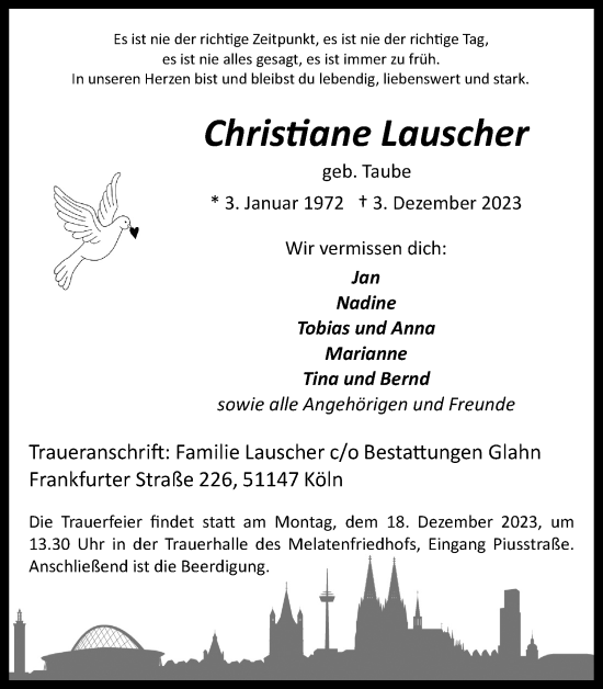 Anzeige von Christiane Lauscher von Kölner Stadt-Anzeiger / Kölnische Rundschau / Express