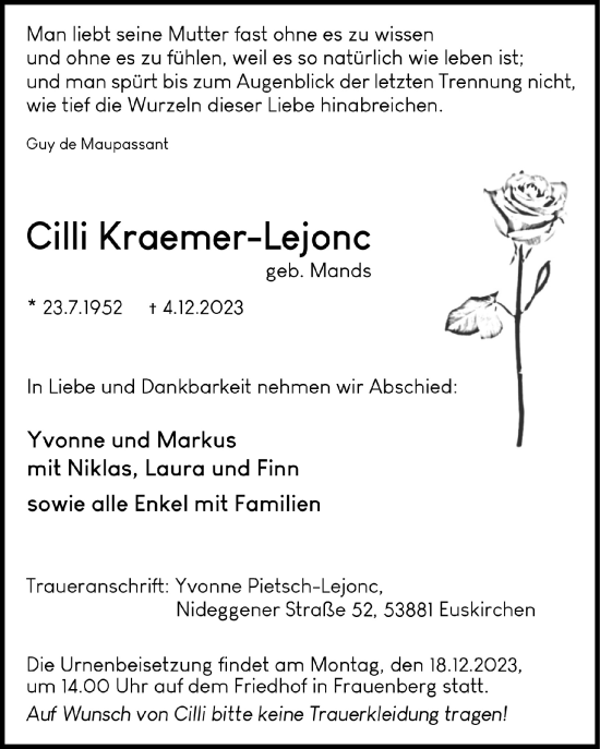Anzeige von Cilli Kraemer-Lejonc von  Blickpunkt Euskirchen 