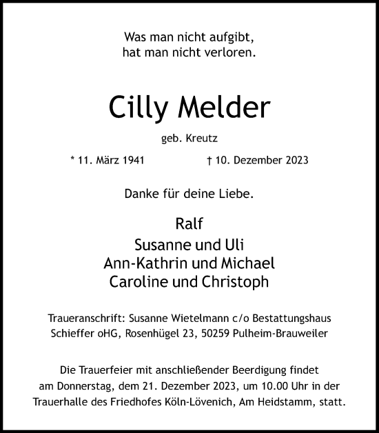 Anzeige von Cilly Melder von Kölner Stadt-Anzeiger / Kölnische Rundschau / Express