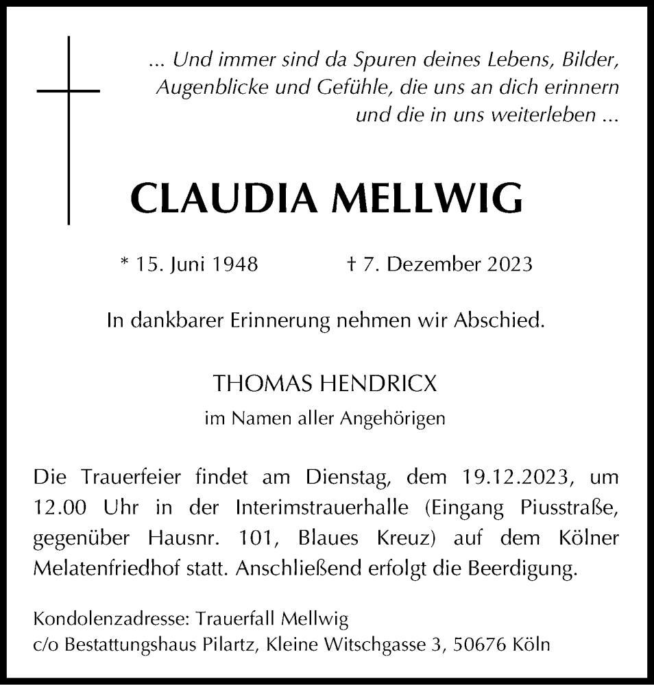  Traueranzeige für Claudia Mellwig vom 16.12.2023 aus Kölner Stadt-Anzeiger / Kölnische Rundschau / Express