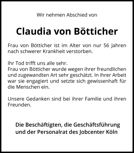 Anzeige von Claudia von Bötticher von Kölner Stadt-Anzeiger / Kölnische Rundschau / Express
