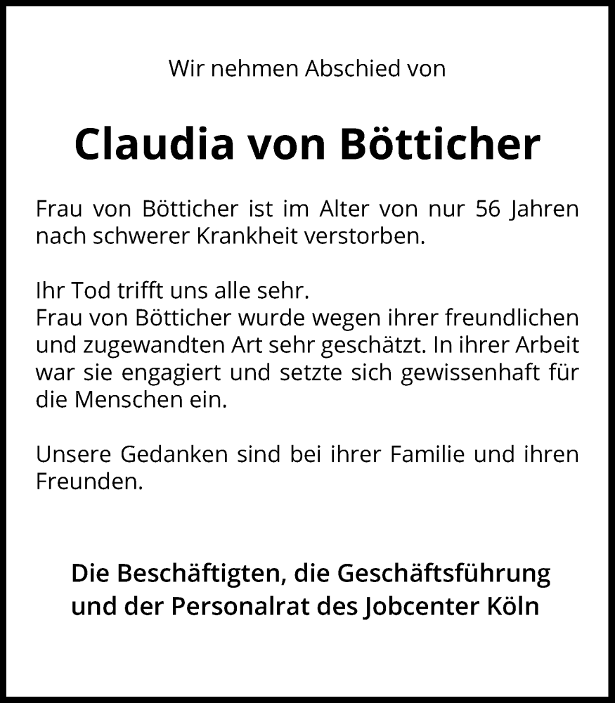  Traueranzeige für Claudia von Bötticher vom 23.12.2023 aus Kölner Stadt-Anzeiger / Kölnische Rundschau / Express