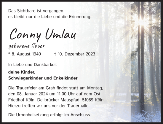 Anzeige von Conny Umlau von Kölner Stadt-Anzeiger / Kölnische Rundschau / Express