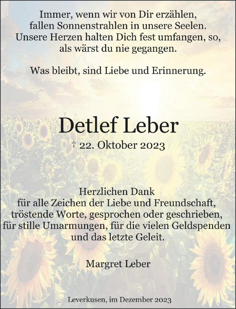  Traueranzeige für Detlef Leber vom 22.12.2023 aus  Lokale Informationen 