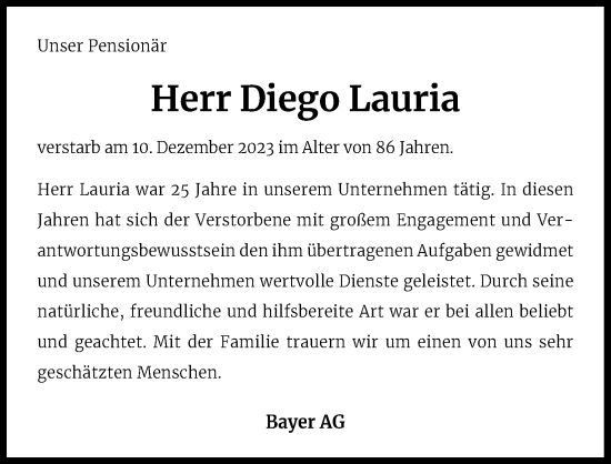 Anzeige von Diego Lauria von Kölner Stadt-Anzeiger / Kölnische Rundschau / Express