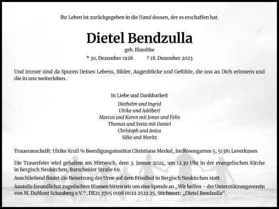 Anzeige von Dietel Bendzulla von Kölner Stadt-Anzeiger / Kölnische Rundschau / Express