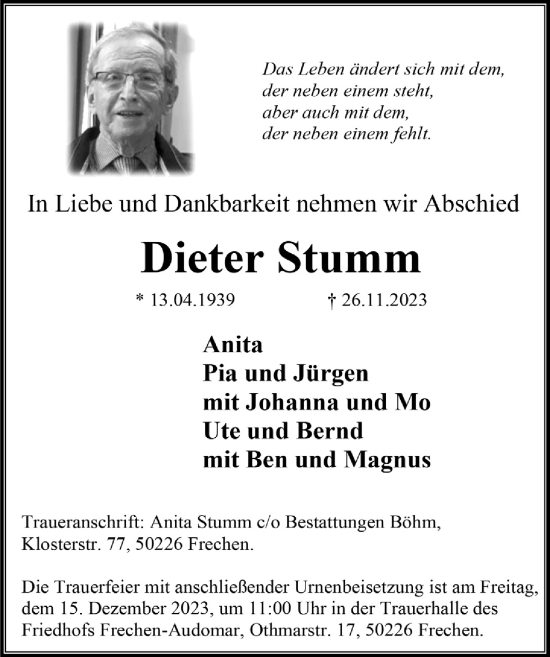 Anzeige von Dieter Stumm von  Wochenende 