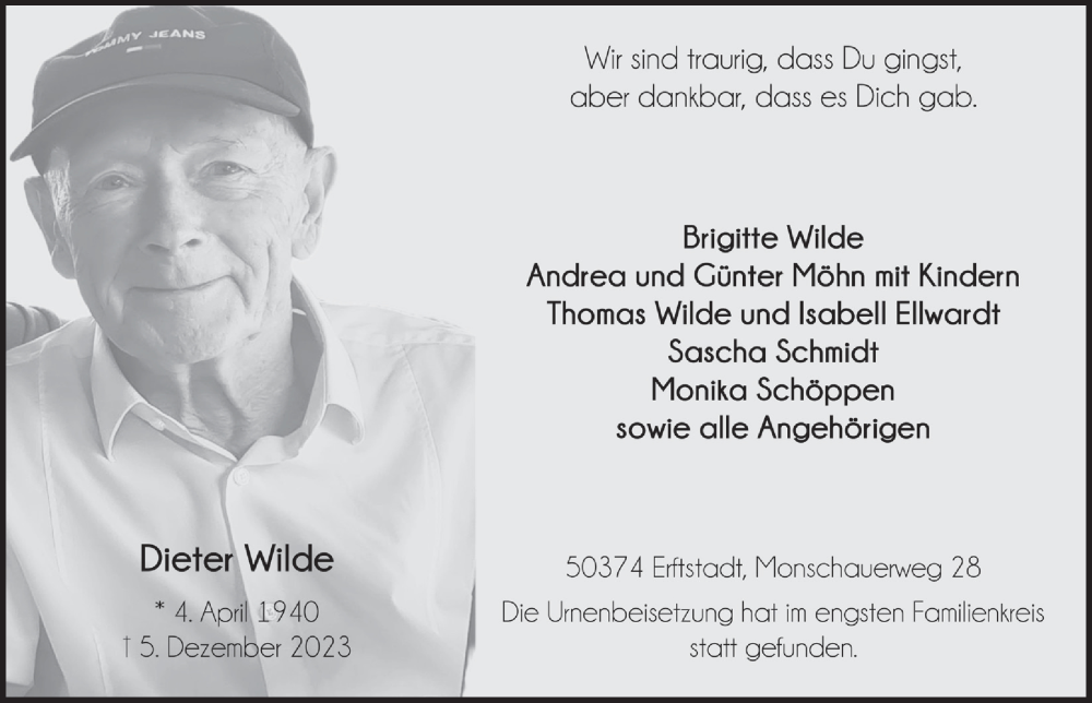  Traueranzeige für Dieter Wilde vom 22.12.2023 aus  Werbepost 