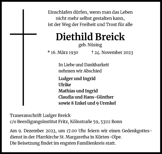 Anzeige von Diethild Breick von Kölner Stadt-Anzeiger / Kölnische Rundschau / Express