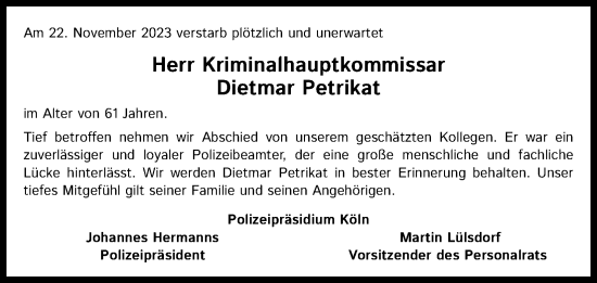 Anzeige von Dietmar Petrikat von Kölner Stadt-Anzeiger / Kölnische Rundschau / Express