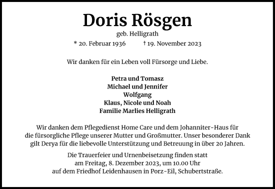 Anzeige von Doris Rösgen von Kölner Stadt-Anzeiger / Kölnische Rundschau / Express