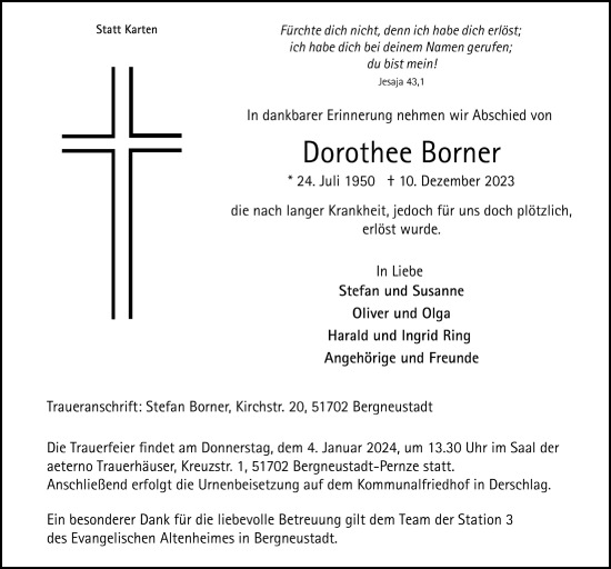 Anzeige von Dorothee Borner von  Anzeigen Echo 