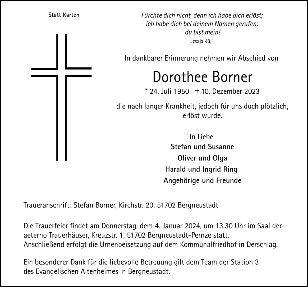  Traueranzeige für Dorothee Borner vom 22.12.2023 aus  Anzeigen Echo 