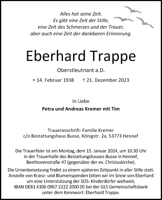Anzeige von Eberhard Trappe von Kölner Stadt-Anzeiger / Kölnische Rundschau / Express