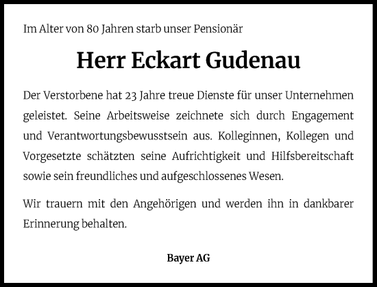 Anzeige von Eckart Gudenau von Kölner Stadt-Anzeiger / Kölnische Rundschau / Express