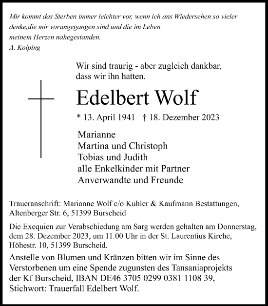 Anzeige von Edelbert Wolf von Kölner Stadt-Anzeiger / Kölnische Rundschau / Express