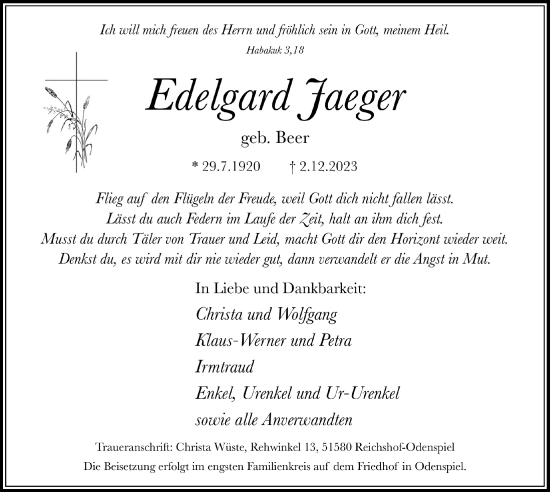 Anzeige von Edelgard Jaeger von  Lokalanzeiger 