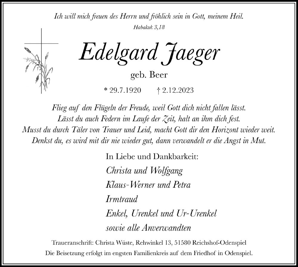  Traueranzeige für Edelgard Jaeger vom 08.12.2023 aus  Lokalanzeiger 