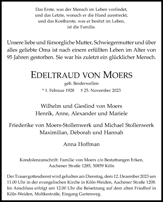 Anzeige von Edeltraud von Moers von Kölner Stadt-Anzeiger / Kölnische Rundschau / Express