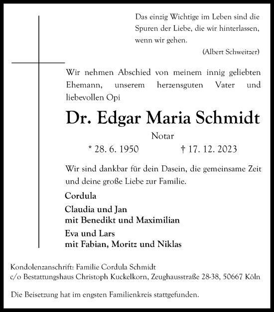 Anzeige von Edgar Maria Schmidt von Kölner Stadt-Anzeiger / Kölnische Rundschau / Express