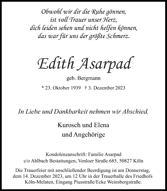 Anzeige von Edith Asarpad von Kölner Stadt-Anzeiger / Kölnische Rundschau / Express