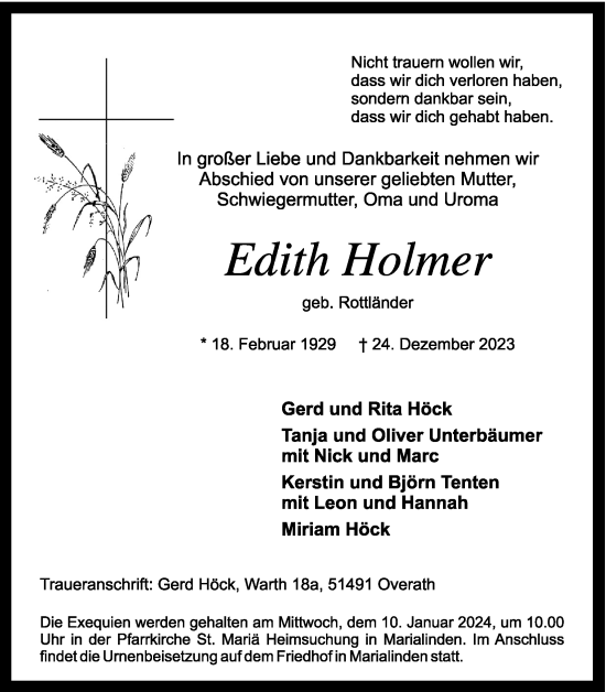 Anzeige von Edith Holmer von Kölner Stadt-Anzeiger / Kölnische Rundschau / Express