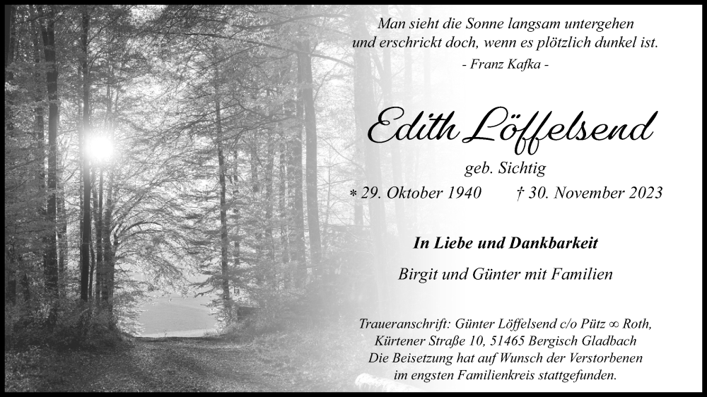  Traueranzeige für Edith Löffelsend vom 16.12.2023 aus Kölner Stadt-Anzeiger / Kölnische Rundschau / Express