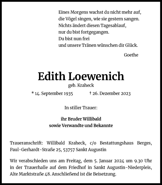 Anzeige von Edith Loewenich von Kölner Stadt-Anzeiger / Kölnische Rundschau / Express