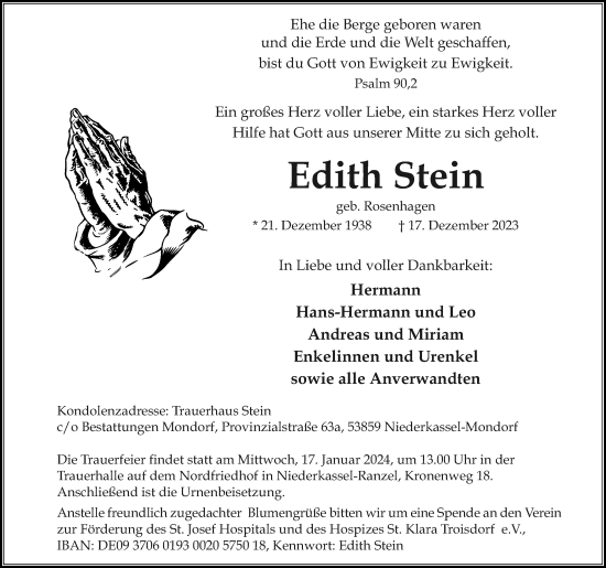 Anzeige von Edith Stein von Kölner Stadt-Anzeiger / Kölnische Rundschau / Express