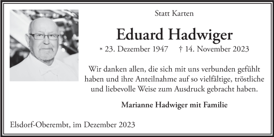 Anzeige von Eduard Hadwiger von  Werbepost 