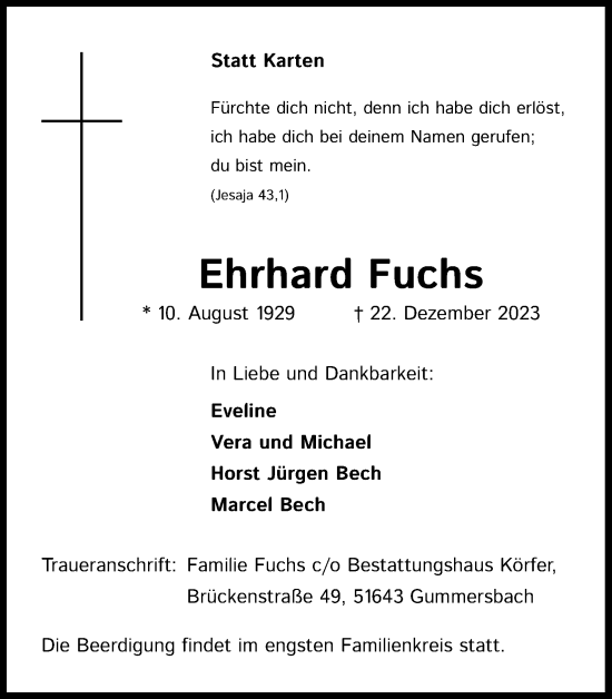 Anzeige von Ehrhard Fuchs von Kölner Stadt-Anzeiger / Kölnische Rundschau / Express