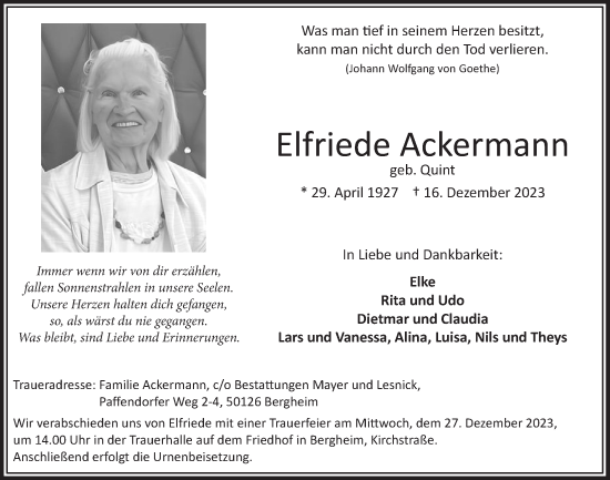 Anzeige von Elfriede Ackermann von  Werbepost 