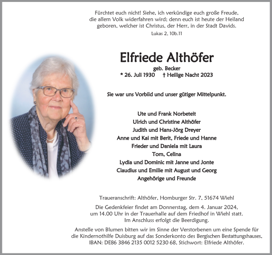 Anzeige von Elfriede Althöfer von Kölner Stadt-Anzeiger / Kölnische Rundschau / Express