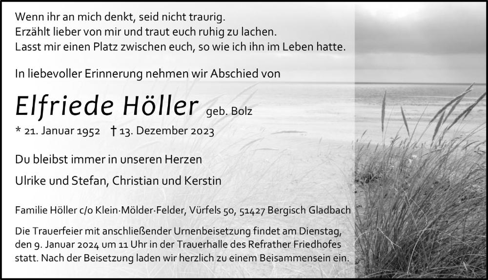  Traueranzeige für Elfriede Höller vom 22.12.2023 aus  Bergisches Handelsblatt 