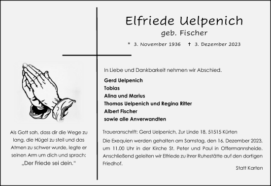 Anzeige von Elfriede Uelpenich von Kölner Stadt-Anzeiger / Kölnische Rundschau / Express