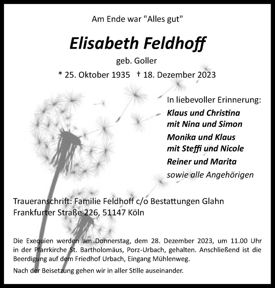  Traueranzeige für Elisabeth Feldhoff vom 23.12.2023 aus Kölner Stadt-Anzeiger / Kölnische Rundschau / Express