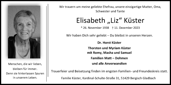 Anzeige von Elisabeth Küster von Kölner Stadt-Anzeiger / Kölnische Rundschau / Express