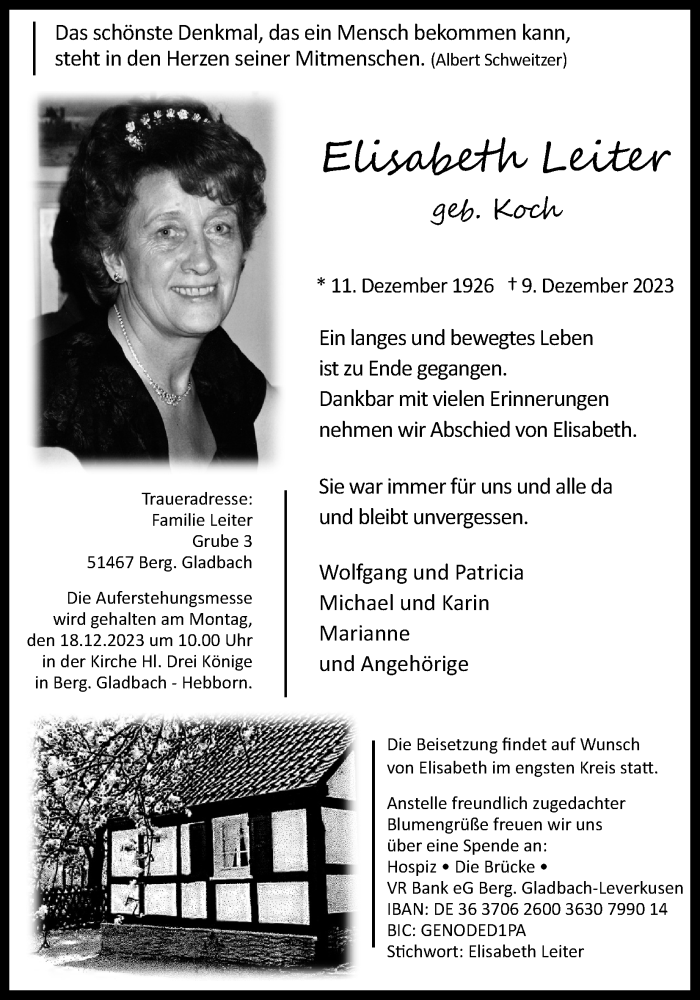  Traueranzeige für Elisabeth Leiter vom 14.12.2023 aus Kölner Stadt-Anzeiger / Kölnische Rundschau / Express