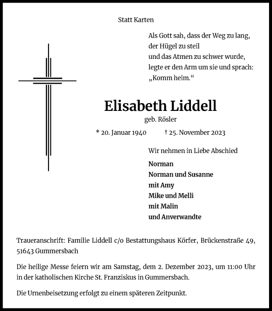 Anzeige von Elisabeth Liddell von Kölner Stadt-Anzeiger / Kölnische Rundschau / Express