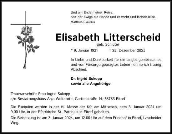 Anzeige von Elisabeth Litterscheid von Kölner Stadt-Anzeiger / Kölnische Rundschau / Express