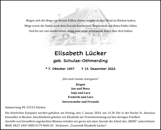 Anzeige von Elisabeth Lücker von Kölner Stadt-Anzeiger / Kölnische Rundschau / Express