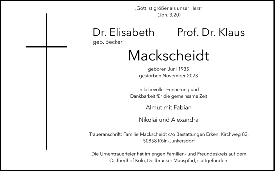 Anzeige von Elisabeth Mackscheidt von Kölner Stadt-Anzeiger / Kölnische Rundschau / Express
