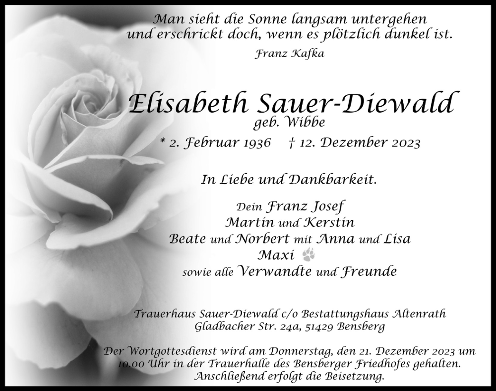  Traueranzeige für Elisabeth Sauer-Diewald vom 15.12.2023 aus  Bergisches Handelsblatt 