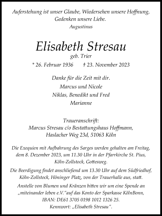 Anzeige von Elisabeth Stresau von Kölner Stadt-Anzeiger / Kölnische Rundschau / Express