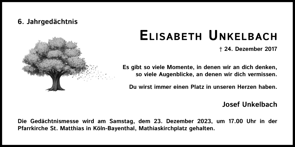  Traueranzeige für Elisabeth Unkelbach vom 18.07.2023 aus Kölner Stadt-Anzeiger / Kölnische Rundschau / Express