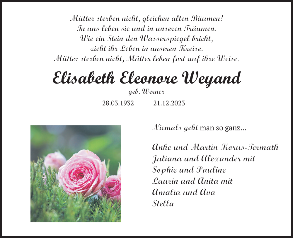  Traueranzeige für Elisabeth Eleonore Weyand vom 29.12.2023 aus Kölner Stadt-Anzeiger / Kölnische Rundschau / Express