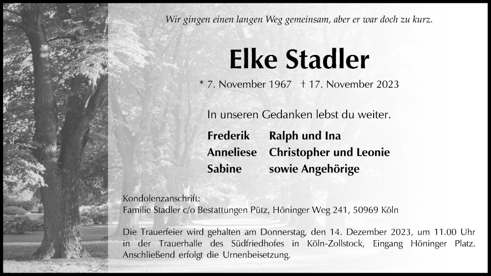  Traueranzeige für Elke Stadler vom 02.12.2023 aus Kölner Stadt-Anzeiger / Kölnische Rundschau / Express